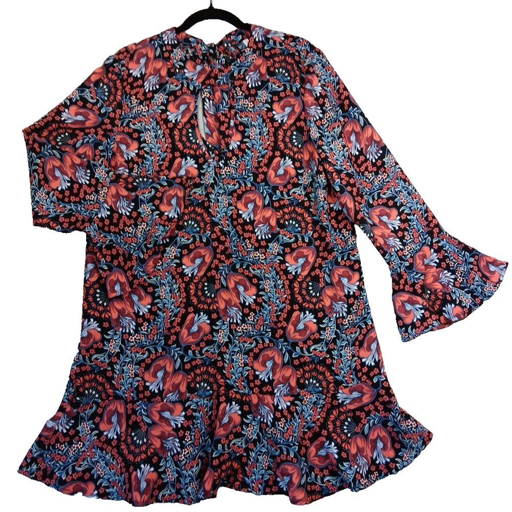 Xhilaration Women XL Dress Black‎ Red Floral Woven A Line 3/4 Bell Sleeve